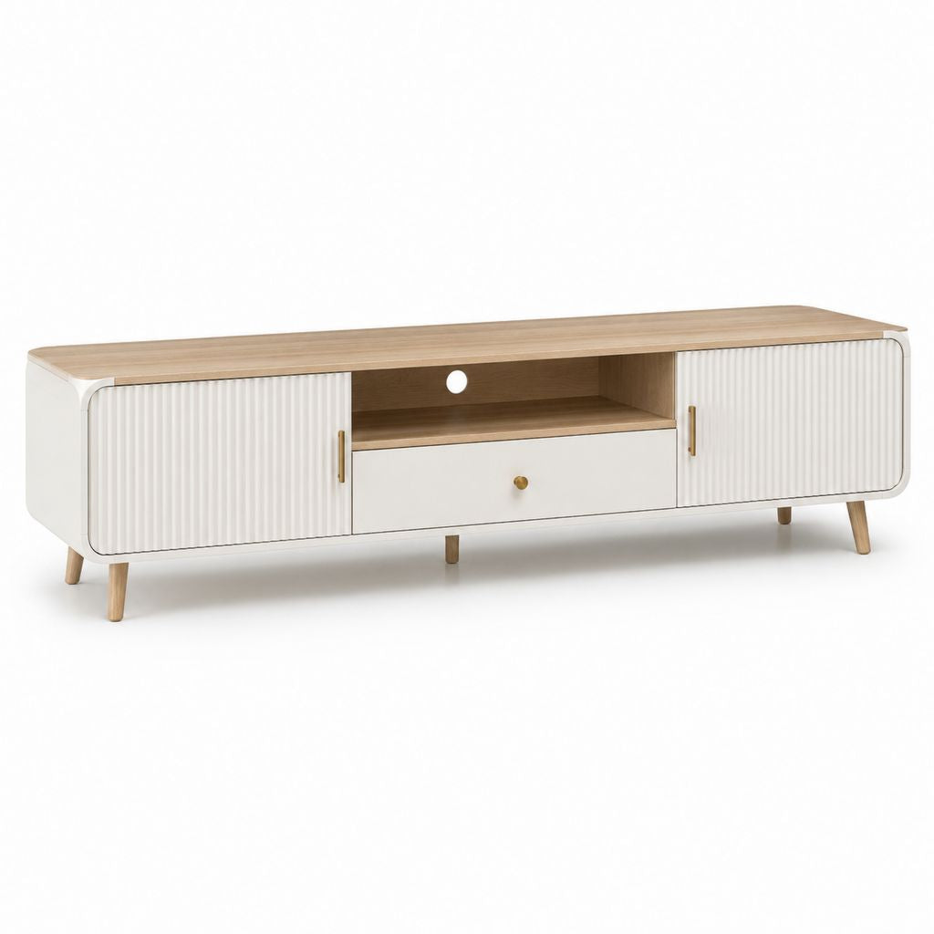 Mobile TV rettangolare bianco e rovere in MDF 180 x 40 x 55 cm con 2 ante 1 cassetto e vano cavi