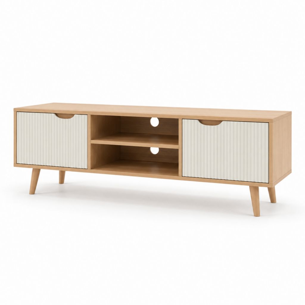 Mobile TV in rovere naturale e bianco in MDF 160 x 40 x 55 cm con 2 ante e ripiani