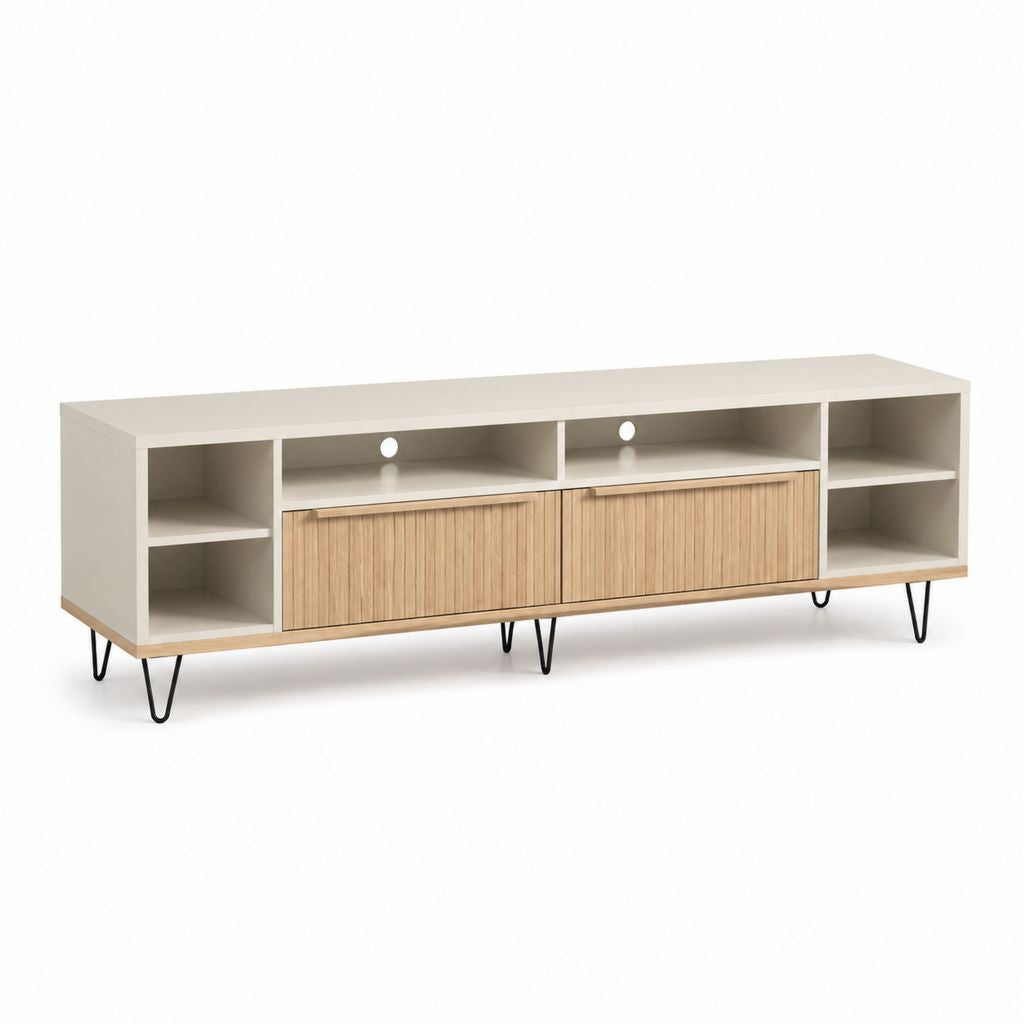 Mobile TV bianco e rovere in pannello truciolare 180 x 40 x 60 cm con 2 ante e 6 vani