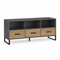 Mobile TV nero e rovere in truciolare con 3 cassetti e 3 vani aperti 120 x 40 x 65 cm