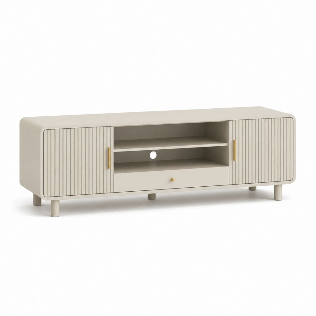 Mobile TV con 2 ante scanalate e cassetto beige in MDF 160 x 40 x 55 cm