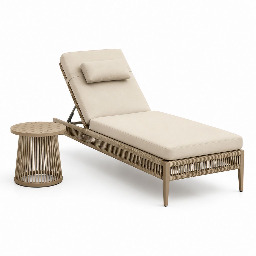 Set lettino prendisole reclinabile con tavolino beige in alluminio e corda sintetica 200 x 70 x 88 cm