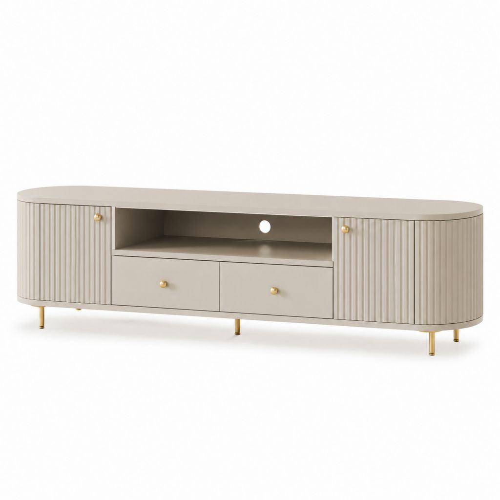 Mobile TV beige in MDF con ante scanalate e gambe in acciaio 180 x 40 x 55 cm