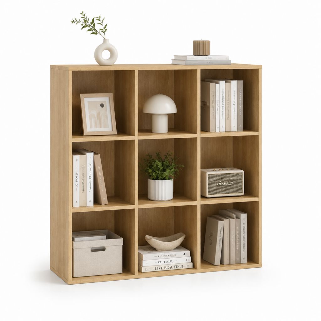 Libreria a 9 vani color rovere in pannello di truciolare melaminico 90 x 30 x 100 cm