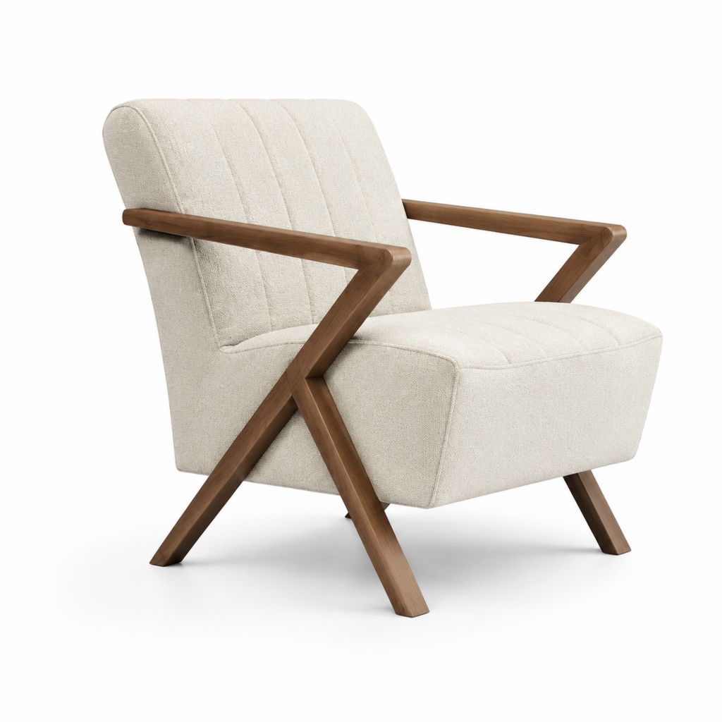 Poltrona soggiorno beige in poliestere bouclé con struttura in legno massello di noce sagomata 73 x 78 x 82 cm