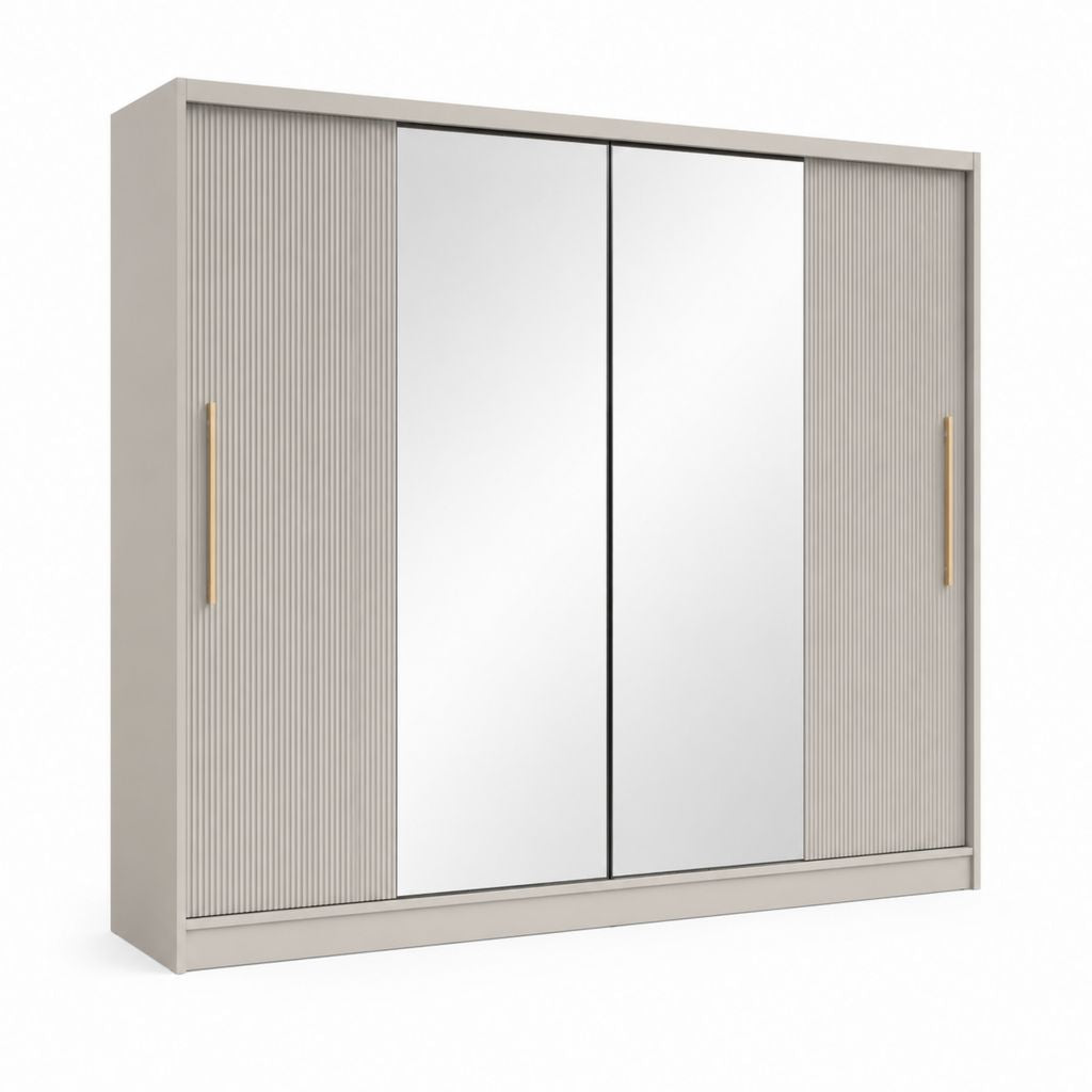 Armadio scorrevole 4 ante beige con specchi e pannelli scanalati in pannello truciolare 240 x 60 x 220 cm