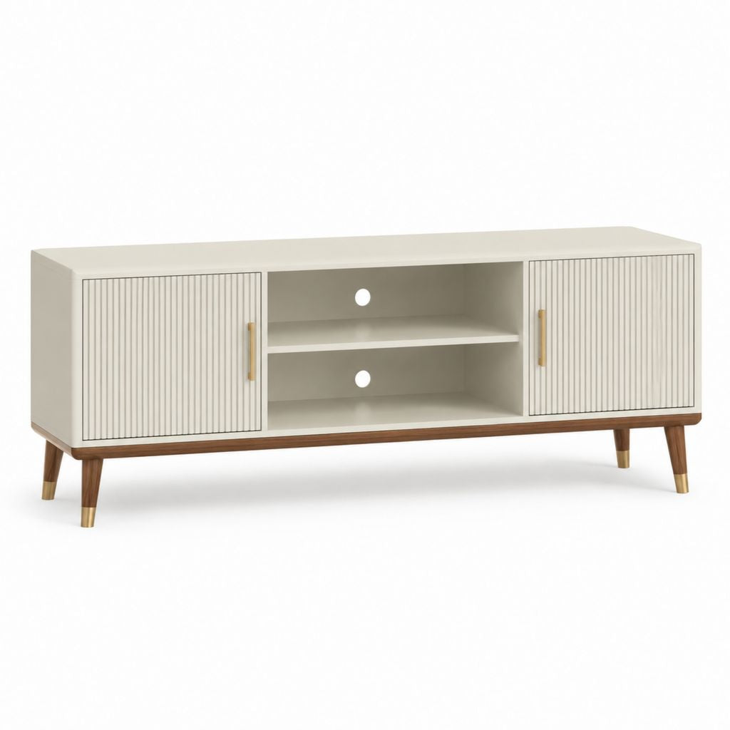 Mobile TV con 2 ante beige in MDF e gambe in legno massello 160 x 40 x 65 cm