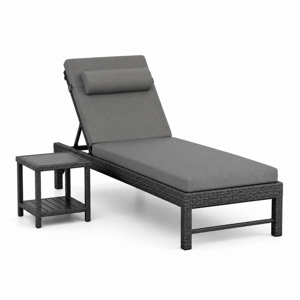 Set lettino prendisole con tavolino grigio in rattan PE e acciaio 195 x 65 x 30 cm