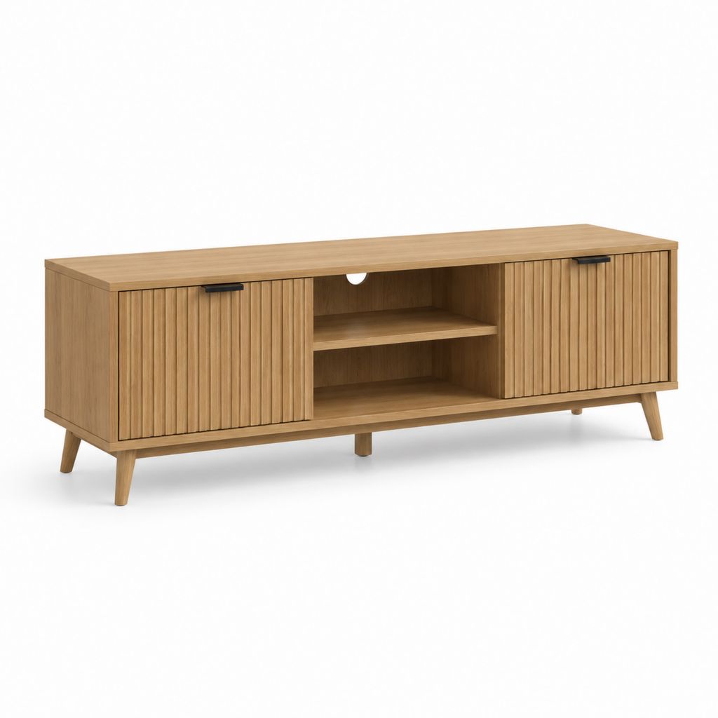 Mobile TV in legno di rovere naturale con ante scanalate 160 x 40 x 60 cm