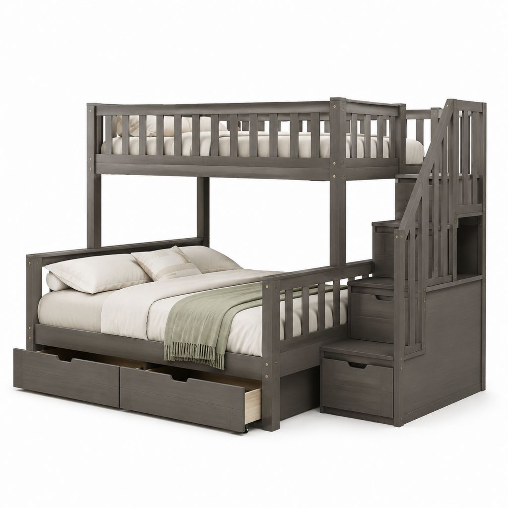 Letto a castello con scala e cassetti grigio scuro in pino massello 203 x 145 x 170 cm